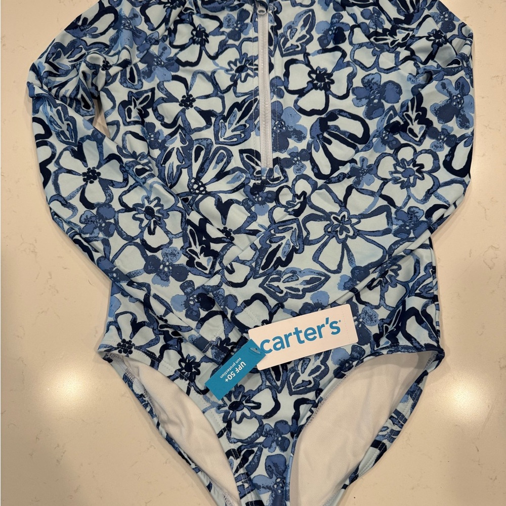 Kid 1- Piece Floral Long-Sleeve Rashguard Swimsuit - Blue